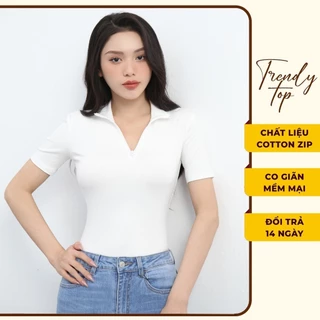 Áo thun Polo croptop cổ bẻ dài tay dáng ôm basic chất cotton zip co giãn phối khóa kéo sexy, CTWOMEN