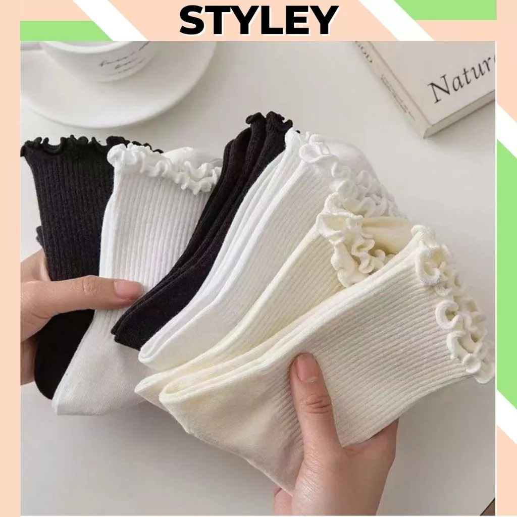 Tất nữ cổ cao chất cotton mềm, Vớ nữ cổ bèo viền nhún phong cách hàn quốc cute dễ thương Style P012