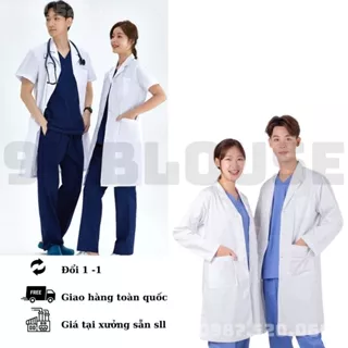 Áo Choàng, Áo bác sĩ, Áo Blouse trắng VẢI THÔ dành cho bác sĩ - dáng dài gần đầu gối cho cả nam và nữ