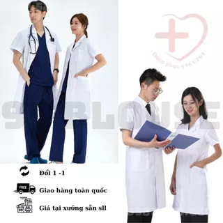 Áo Choàng, Áo Blouse trắng CỘC TAY dành cho bác sĩ - dáng dài gần đầu gối cho cả nam và nữ