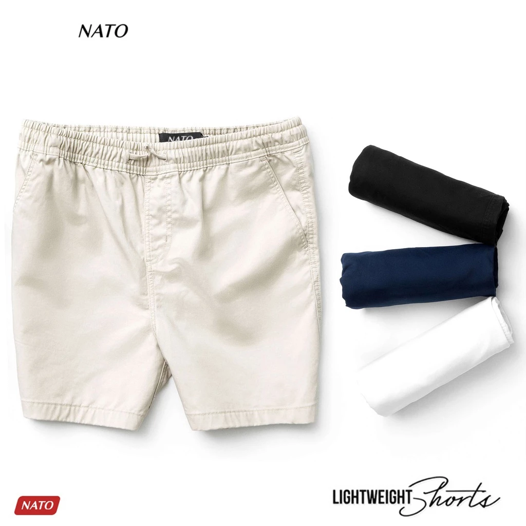 Quần Short Nam Nato Lưng Thun Cao Cấp Vải Kaki Co Giãn Màu Trắng Kem Trơn Dây Rút Có Túi Form Ôm