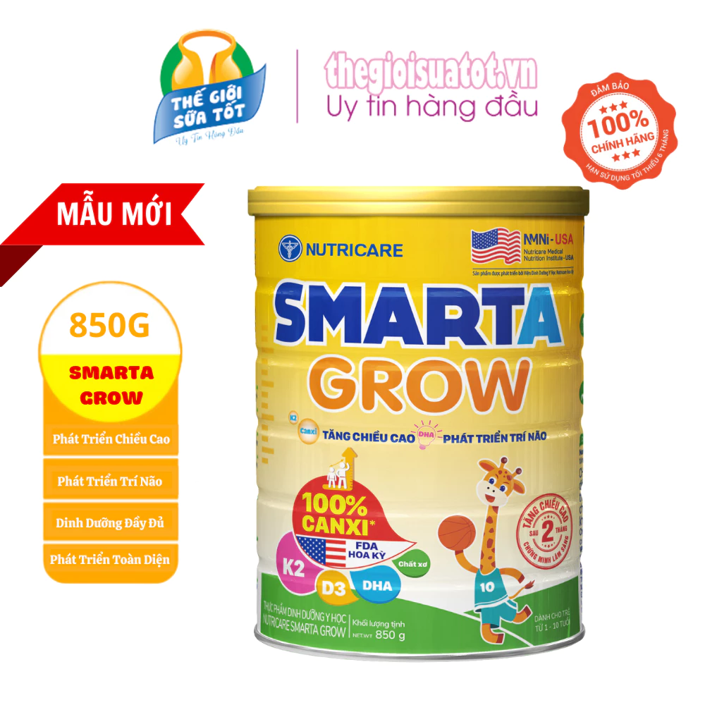 Sữa SmartaGrow 900G - Dinh Dưỡng Phát Triển Chiều Cao Trí Não Cho Bé