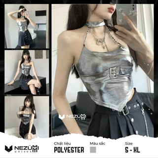 (Sẵn S M L_Ảnh thật) Áo yếm croptop nữ màu bạc bóng bắt sáng cổ choker đai ngực hở lưng Châu Âu sexy dance