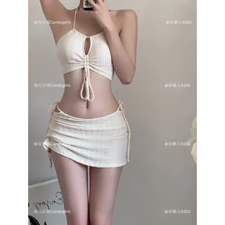 Sét đồ bơi bikini 3 món màu be phong cách mùa hè mẫu mới năm 2024