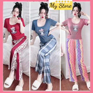 Đồ mặc nhà Pijama tay ngắn quần dài, chất vải lụa latin mềm mịn - Freesize dưới 60 kg