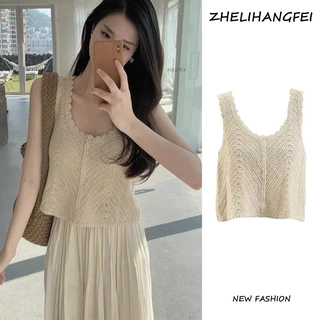 Áo croptop dệt kim không tay sát nách vintage cho nữ A375