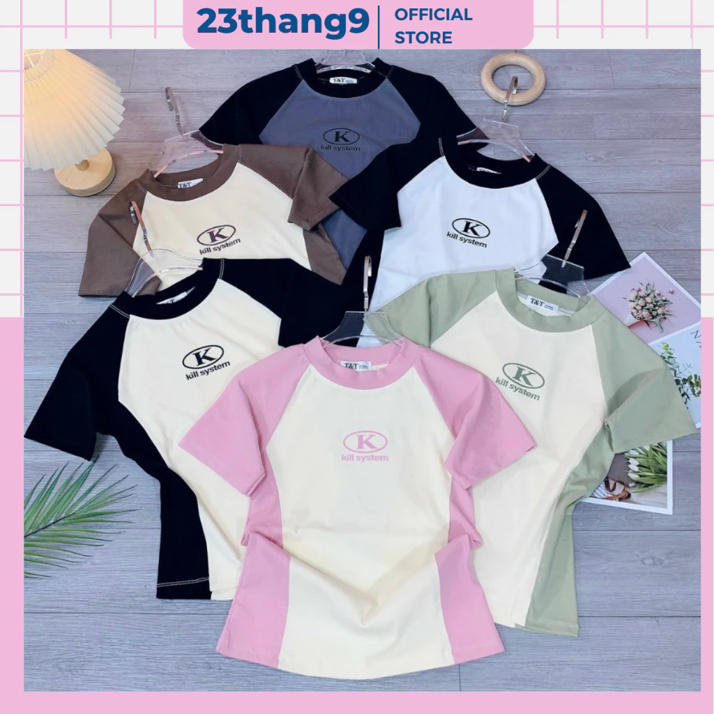 Áo thun nữ , áo baby tee ôm in chữ Kill system màu đen màu kem chất cotton khô co giãn basic đi chơi mặc nhà 23thang9