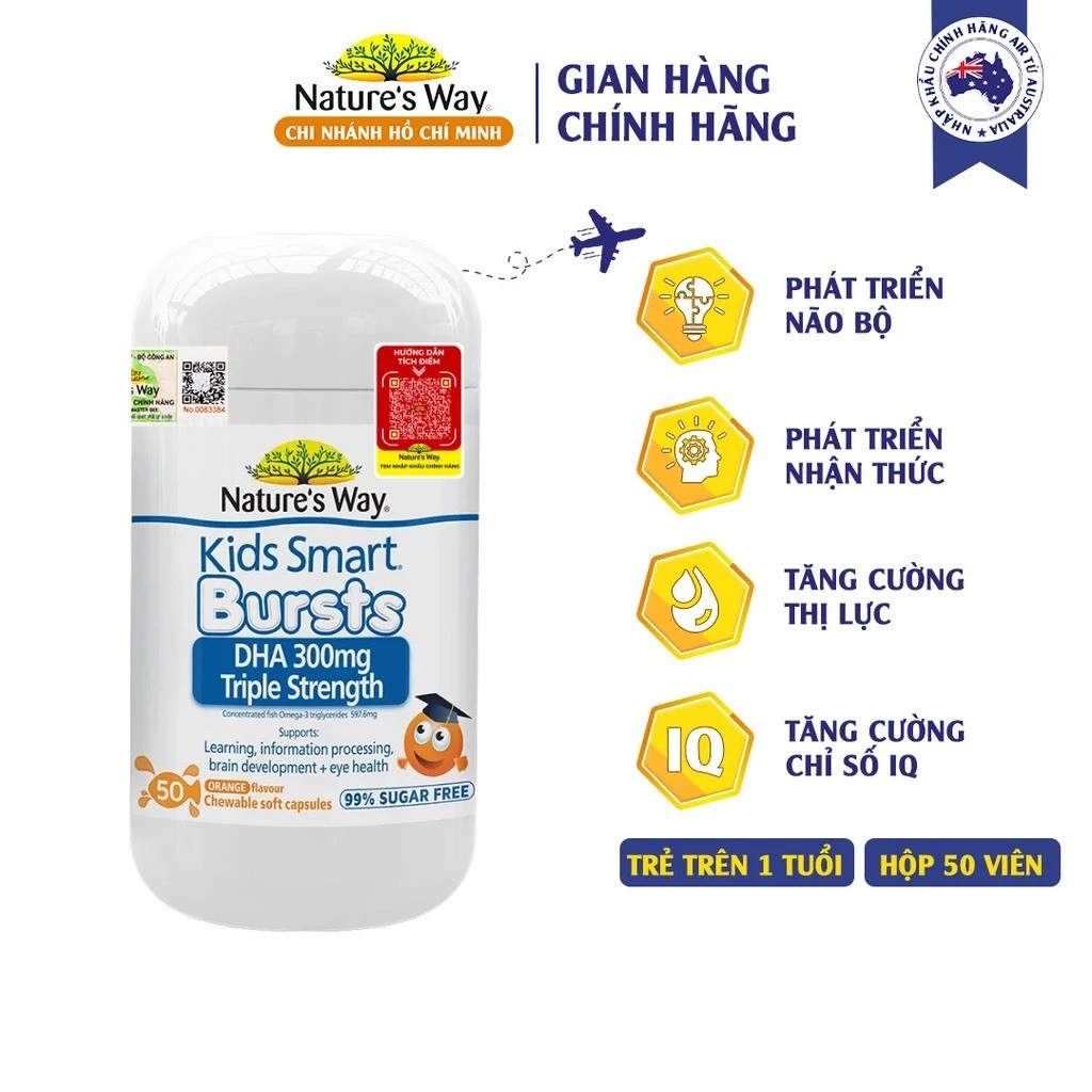 Viên Nhai Nature's Way Kids Smart DHA 300mg Triple Strength Tăng Cường Sự Phát Triển Của Trẻ 50 Viên