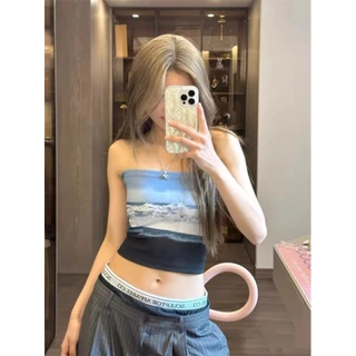 Áo croptop ôm eo sexy hình biển xanh cá tính style đường phố mùa hè kiểu Âu Mỹ hàng Quảng Châu ((Order)