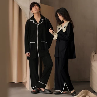 Bộ Pijama dài tay đôi đồ mặc nhà đôi nam nữ cổ bèo tiểu thư kẻ caro chất liệu cotton mềm mịn phong cách Hàn Quốc PJCP01