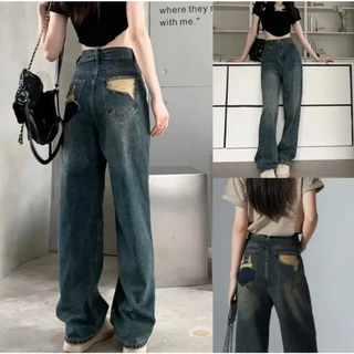 Quần Jeans Nữ Chất Vải QC Lưng Cao Rách Túi Sau Xanh Đậm Trầm Xinh Xắn