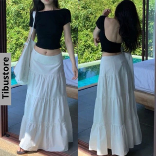 Set Áo Croptop Hở Lưng Phối Chân Váy Dài Xoè Tầng TIBU Set Bộ Đồ Nữ Trắng Đen Đơn Giản Đi Chơi Biển Sang Chảnh