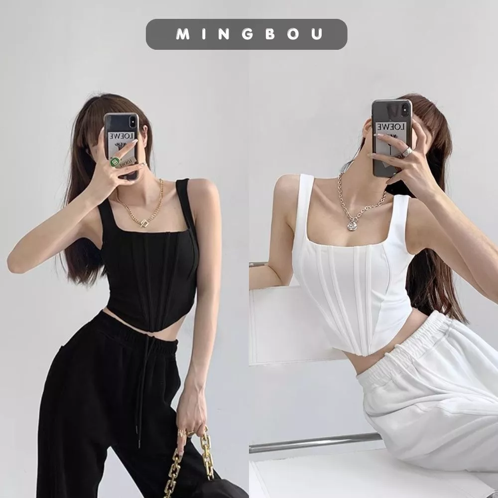 Áo croptop Corset chất  thun gân CỰC DÀY vạt bầu, Áo ba lỗ croptop 2 dây cổ vuông, áo croptop kiểu hai dây MINGBOU