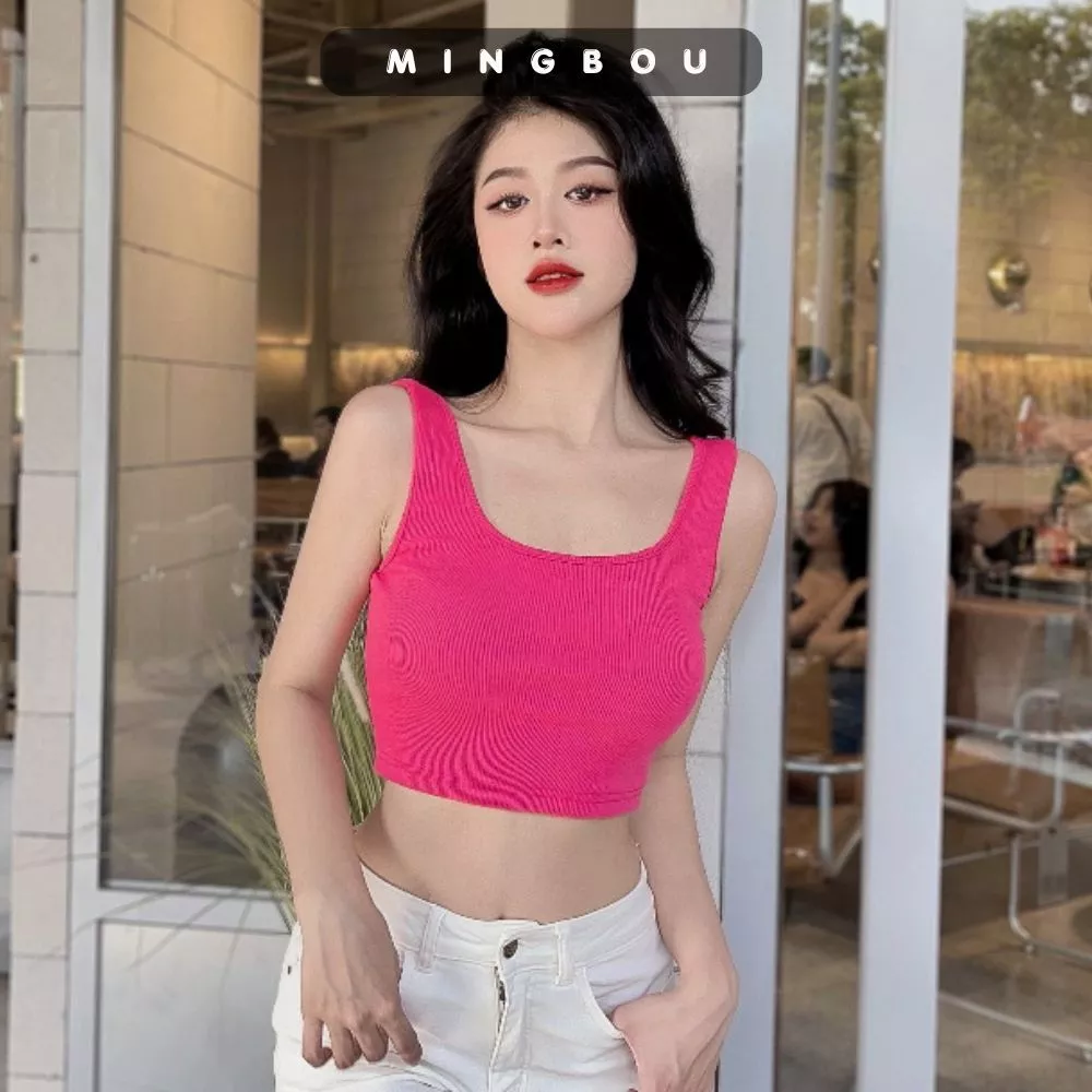 Áo croptop nữ cổ U ba lỗ, Áo croptop nữ 2 dây bản to cổ vuông chất liệu thun gân dày dặn hàng đẹp tôn dáng MINGBOU