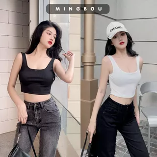 Áo ba lỗ croptop nữ cổ U, Áo hai dây croptop nữ 2 dây bản to cổ vuông chất liệu thun gân dày dặn tôn dáng MINGBOU