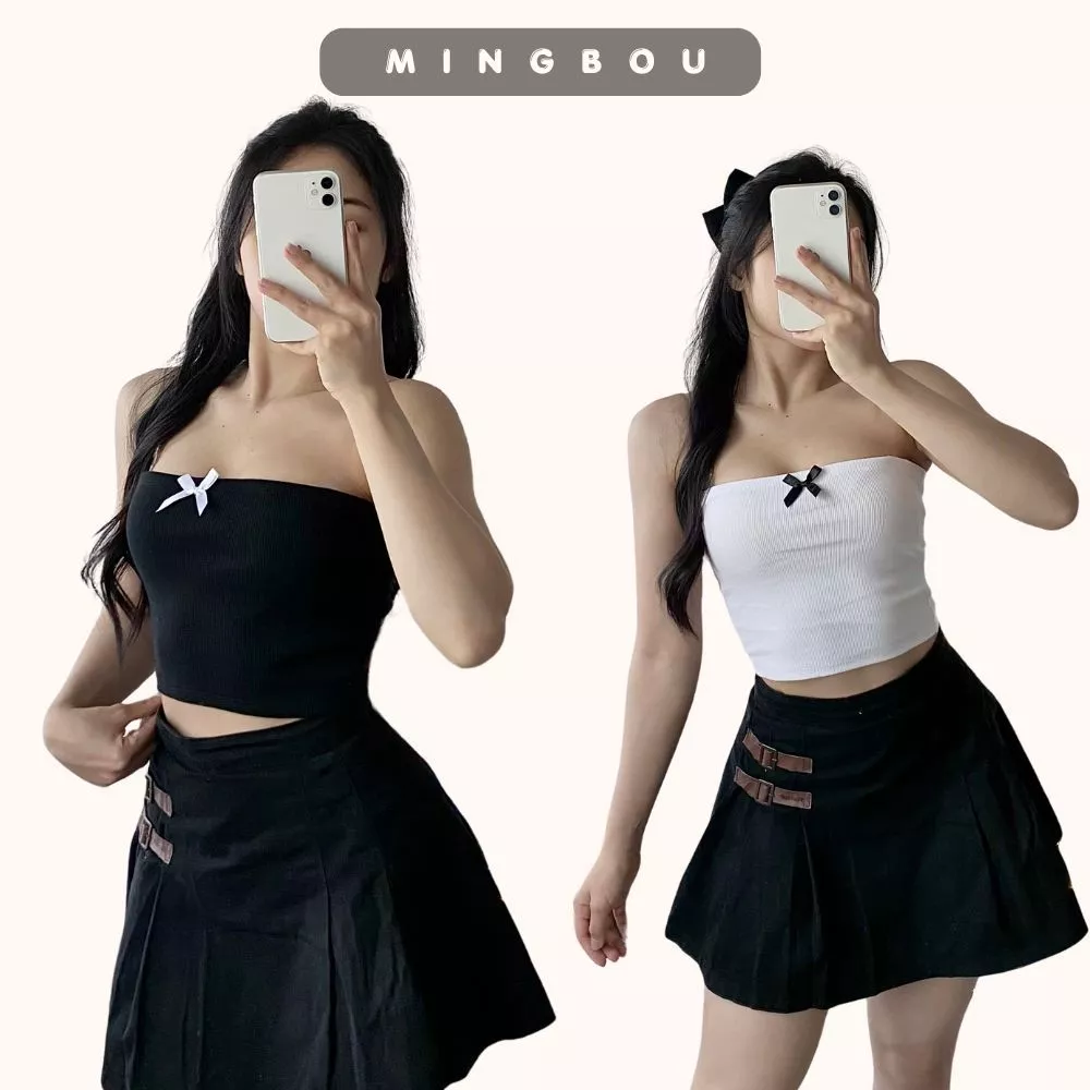 Áo thun nữ croptop nơ, Áo ống croptop phối nơ, áo tube nơ chất liệu thun gân MINGBOU