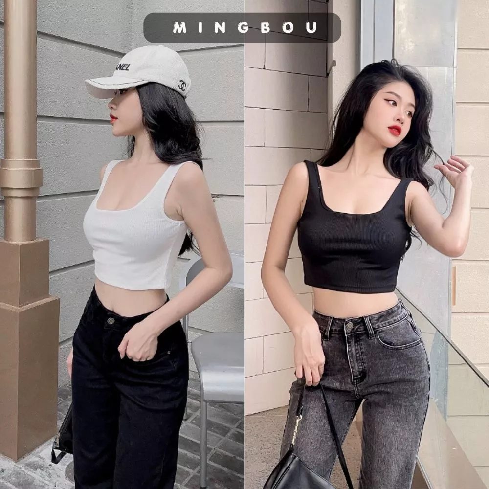 Áo ba lỗ croptop nữ cổ U, Áo hai dây croptop nữ 2 dây bản to cổ vuông chất liệu thun gân dày dặn tôn dáng MINGBOU