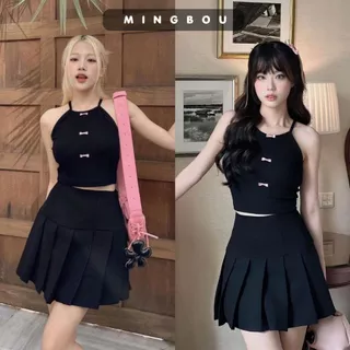 Áo ba lỗ cổ yếm dáng croptop đính nơ chất liệu cotton dêt dày dặn, áo croptop hai dây cổ yếm đính nơ hồng MINGBOU