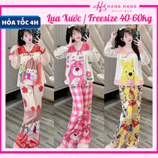 Bộ đồ ngủ cỡ nhỏ 40-60kg, đồ bộ nữ pijama dài tay voan cổ v lụa xước, đồ ngủ lụa tiểu thư mặc nhà cute dễ thương