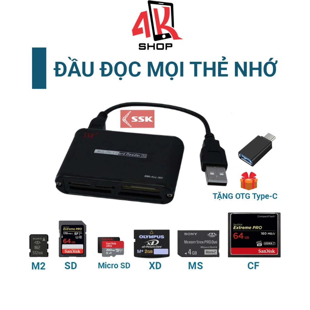 Đầu đọc thẻ nhớ CF-SD-micro SD-MMC-M2-MS-XD chính hãng SSK sử dụng mọi thẻ nhớ cổng ra usb 3.0 hoặc type-c