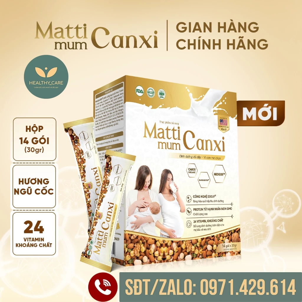 MATTI MUM CANXI Sữa hạt cho mẹ bầu và sau sinh (Hộp giấy 14 gói) - 100% đạm thực vật đạt chứng nhận NON-GMO của Hoa Kỳ