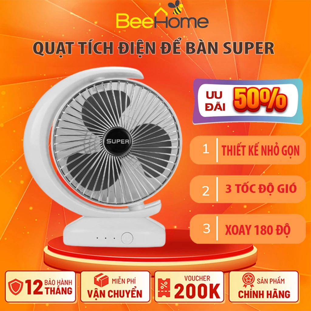 Quạt Để Bàn Tích Điện Xoay Tự Động 180 Độ Pin 2400mAh Có Thể Sạc Lại 3 Tốc Độ Gió Chạy Êm Cao Cấp