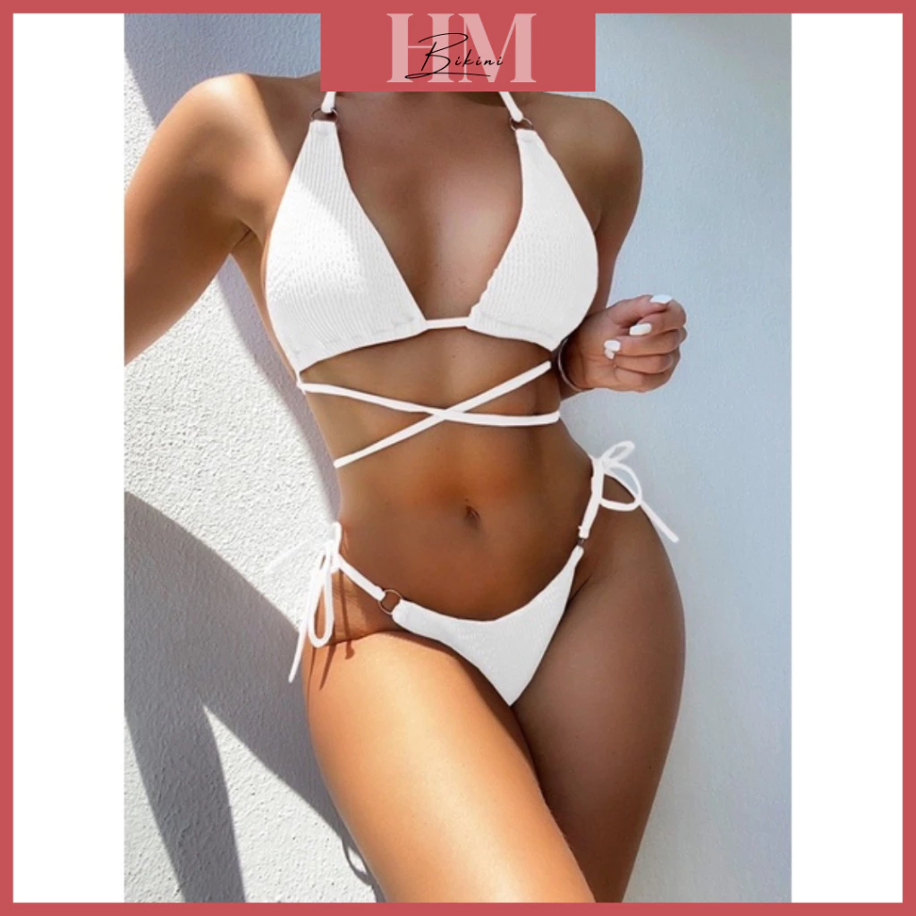 [Hàng Nhập Loại 1] Bikini Đồ Bơi Đi Biển Sexy Chất Thun Gân Màu Trắng Dây Eo Dài Hình Thật