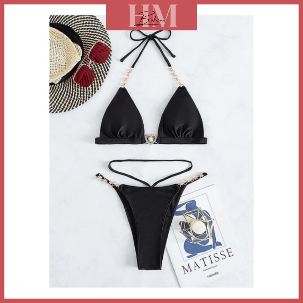 Bikini 2 mảnh đồ bơi tam giác phối phụ kiện khoen trái tim sexy kèm ảnh thật (nhiều màu)