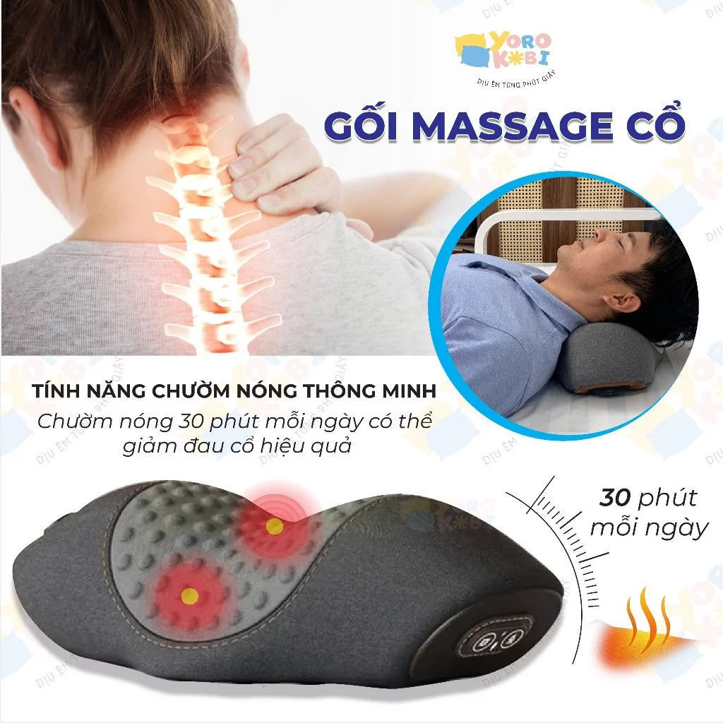 Gối massage cổ vai gáy Yorokobi với 2 chế độ massage, trườm nóng, giảm đau mỏi cổ vai gáy, chất liệu cao su non