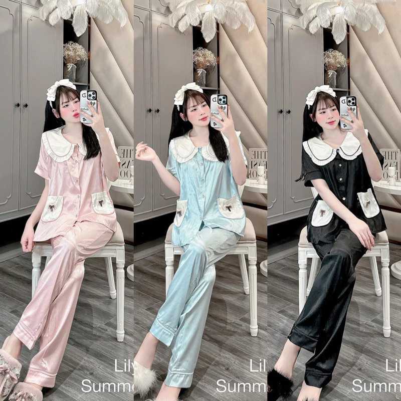 [Nhiều mẫu] Bộ ngủ Lụa xước latin tiểu thư mát mịn  bộ mặc nhà pijama gấu dâu chữ hiệu trơn - HAI CHỊ EM Homewear