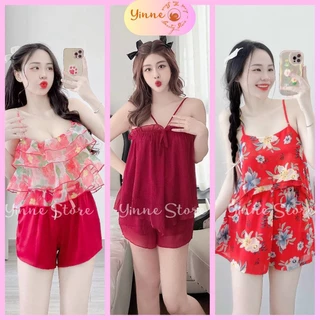 (40-60kg) °Voan° Đồ bộ Pijama Đùi 2 Dây, Lưng Thun Cột Nơ gợi cảm, Bộ ngủ mặc nhà mịn mát Thiết Kế họa tiết Hoa Sang