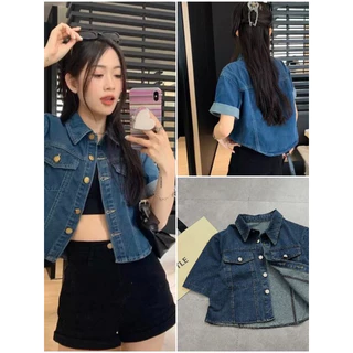 Áo sơ mi jean croptop ngắn tay túi hộp phong cách Hàn Quốc