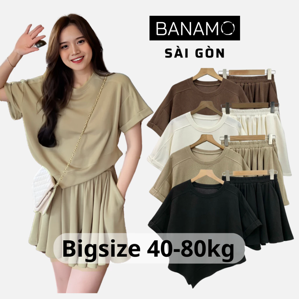 Set nữ BIGSIZE Banamo Sài Gòn bộ áo vạt nhọn cộc tay kèm quần sooc xoè nỉ tăm 1910