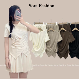 Set Nữ Áo Vạt Chéo Cộc Tay BigSize Sora Fashion,Set Bộ Áo Kiểu Nữ Kèm Quần Xooc Xòe Chất Liệu Thun Tăm 130