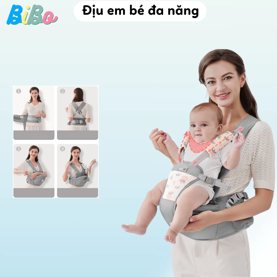 Địu thắt lưng em bé 4 mùa Mk23-048 cho bé 0-2 tuổi chống gù có ghế vải lưới thoáng mát cho bé