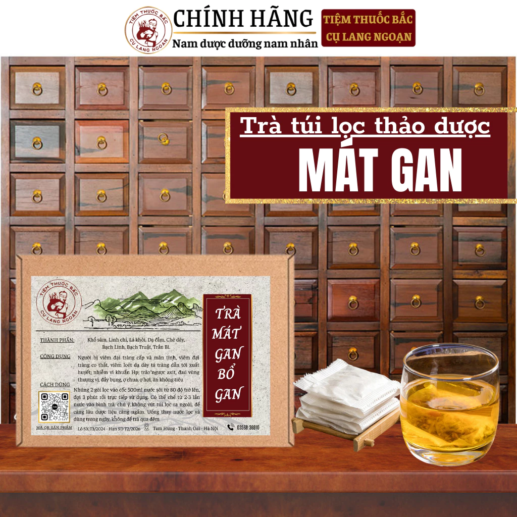 Trà bổ gan Cụ Lang Ngoạn thanh nhiệt mát gan, thải độc gan, hạ men gan, xơ gan, giảm mụn, lợi tiểu bịch 30 lọc