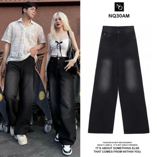 Quần Jeans Dài Wash NQ30 Ống Rộng Cạp Cao Tôn Dáng Nam Nữ Unisex