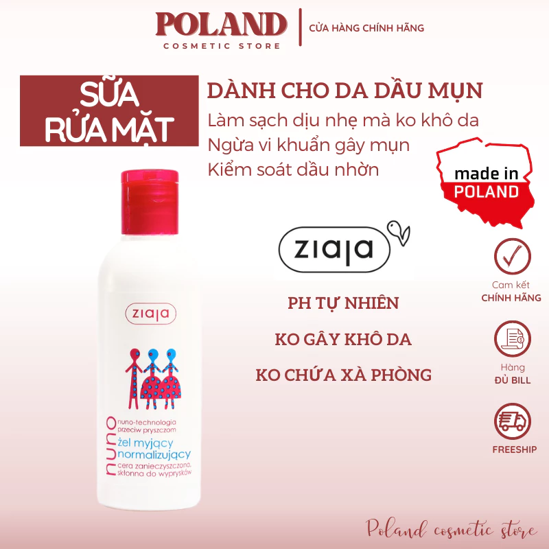 Sữa rửa mặt Ziaja Nuno 200ml dành cho da dầu mụn làm sạch dịu nhẹ & chống nổi mụn, phù hợp cho da nhạy cảm nhất