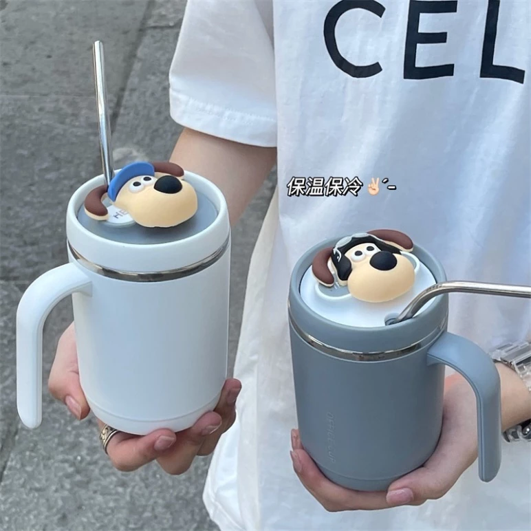-Ly giữ nhiệt có ống hút inox, có nắp đậy hình chú chó 500ml giữ nhiệt tốt