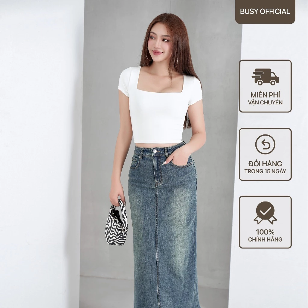 Áo Ngắn Tay Cổ Vuông Croptop Nữ BUSY Thun Rayon 2 Lớp Co Giãn Ôm Sát NT14C