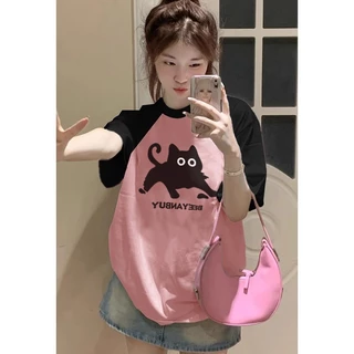 Khâu màu hồng đen mùa hè con mèo áo phông nữ form rộng style hàn quốc FOCUS local brand áo thun nữ tay ngắn 100%cotton