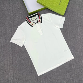 Áo polo nam cổ bẻ G.C cotton gai thân trơn phối cổ chun thêu hình rắn ong sọc xanh đỏ sang trọng