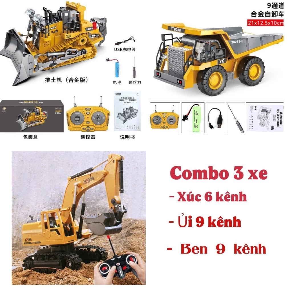 Combo 3 xe công trình Máy Xúc, Máy Ủi, Xe Ben Đồ Chơi Điều Khiển Từ Xa Loại Sạc Pin