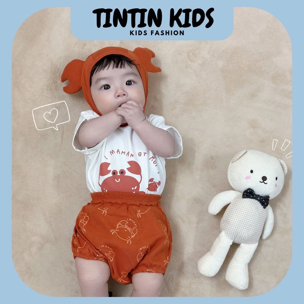 Bộ cộc tay bé trai bé gái sơ sinh, Bộ cotton kèm mũ hình con cua cho bé 5-12kg [SH3]