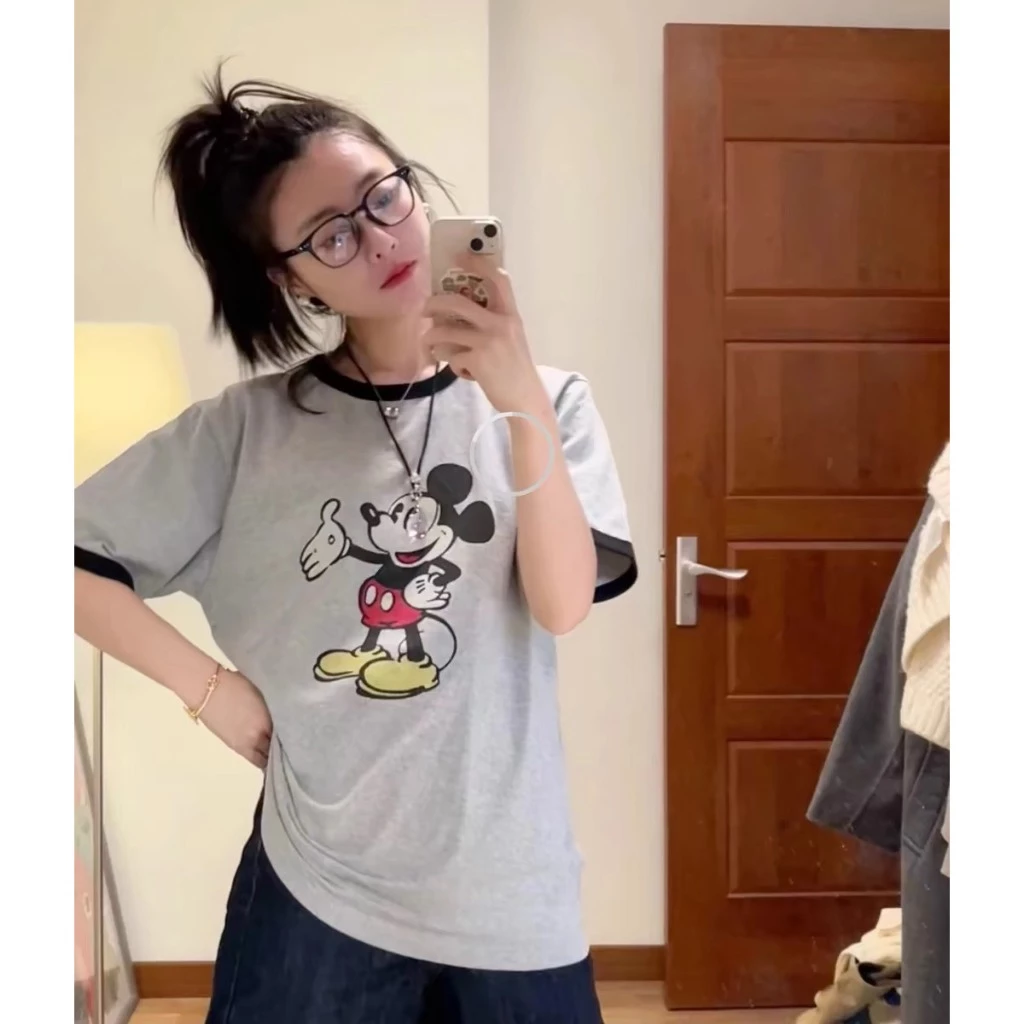 Áo thun nữ Mickey viền xám menina_studio, á thun nữ form rộng siêu xinh