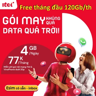 Sim 4G iTel MAY77 Mạng Vinaphone Data 120Gb/Tháng, Gọi Miễn Phí VinaPhone, Free 60 SMS