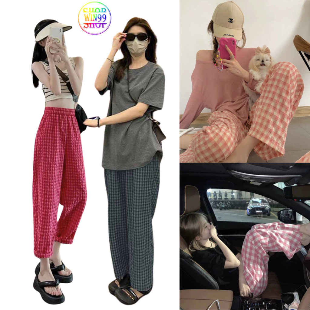 Quần KARO Ống Rộng Nữ Kẻ Nhiều Màu Ulzzang Hàn Baggy [FREESHIP]🌸 CHẤT Liệu Thô Lưng Chun Co Giãn Full Hot - win99