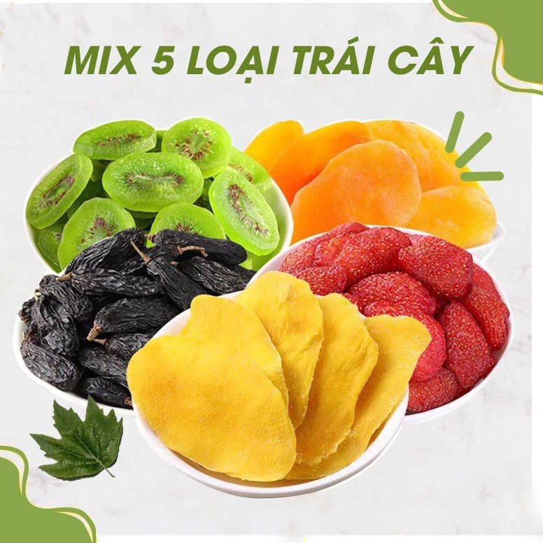 Trái Cây Sấy Dẻo Không đường 500g Mix 5 loại Dâu tây, Xoài, Nho, Mơ và Kiwi nhập khẩu, Hoa quả sấy dẻo Nhà Lá