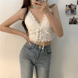 Áo croptop ren 2 dây phối lưng thun co dãn dây đan trước freesize An Kỳ shop