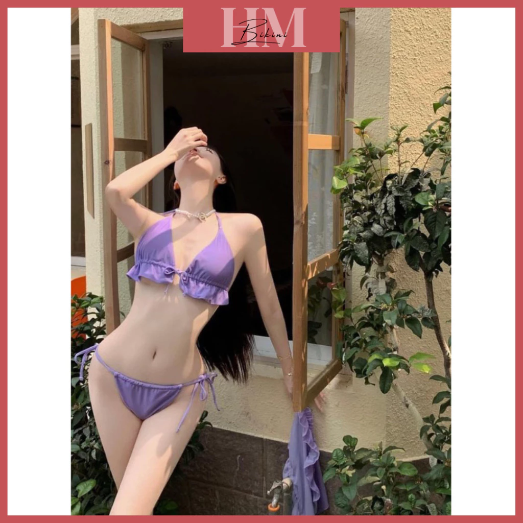 Bikini Đồ Bơi 2 Mảnh Áo Bèo Rút Dây Cột Nơ Giữa Chân Ngực Quần Lọt Khe